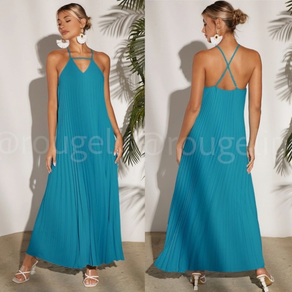 Rouge! Dresses & Skirts - Blue Pleated A-Line Maxi Dress Criss Cross Back Straps